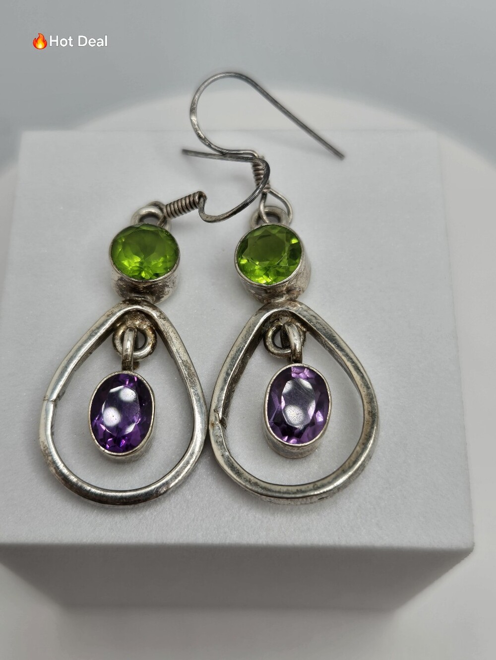 Peridot Amethyst Dangle Earrings Gemstone 2" Boho 925 Sterling Silver